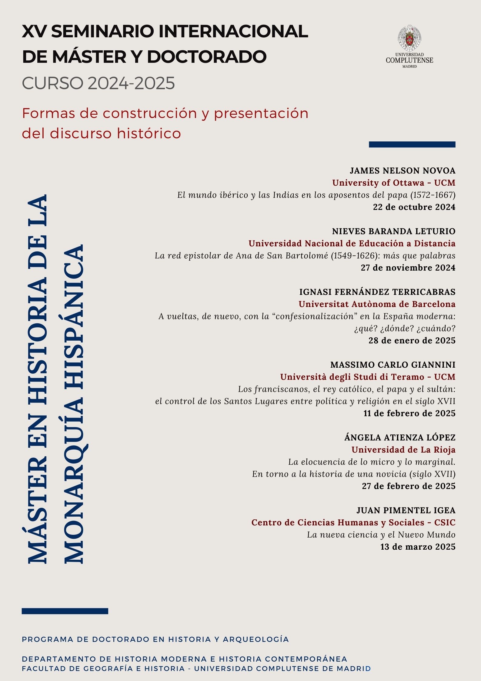 XV Seminario Internacional de Máster y Doctorado: Formas de construcción y presentación del discurso histórico (Curso 2024-2025)